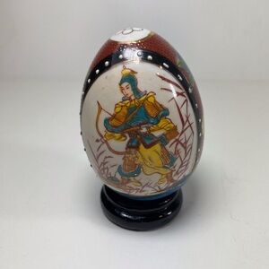 Vintage K’s Collection Hand Painted China Egg Green Red Golden Azian with Stand